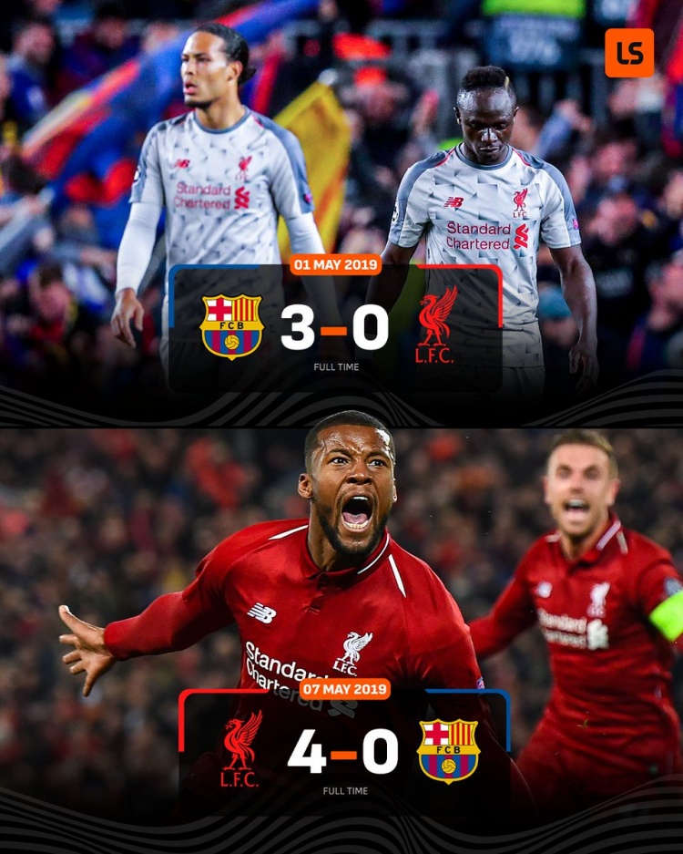 欧冠淘汰赛，英超球队仅利物浦在首回合3球落后情况下实现翻盘