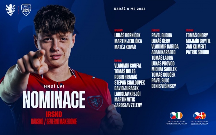 世预赛附加赛战爱尔兰，捷克名单：希克、绍切克、曹法尔在列