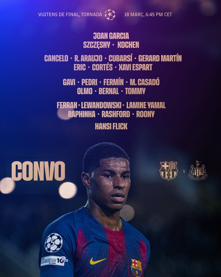 巴萨vs纽卡次回合名单：佩德里、拉什福德、莱万、亚马尔在列