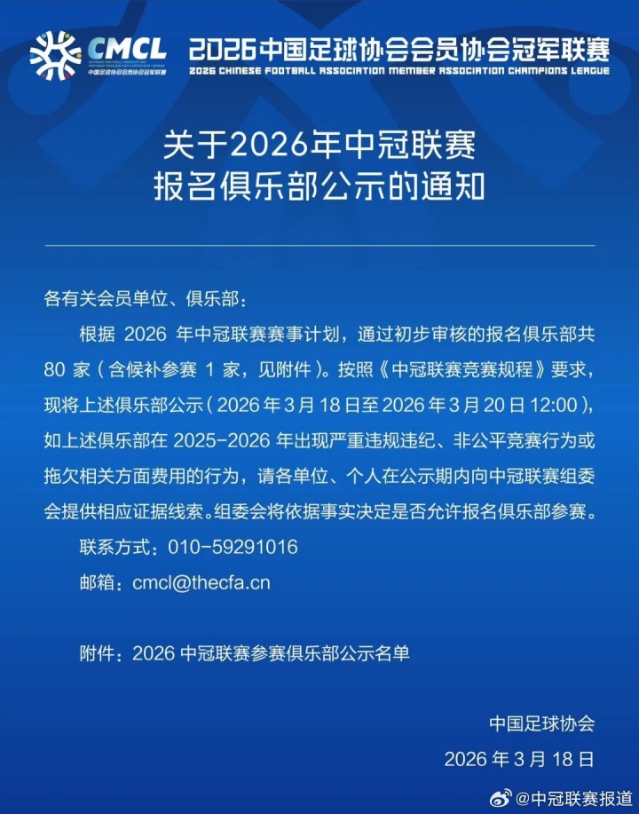 2026年中冠联赛报名名单：80家俱乐部通过初步审核，恒大足校在列