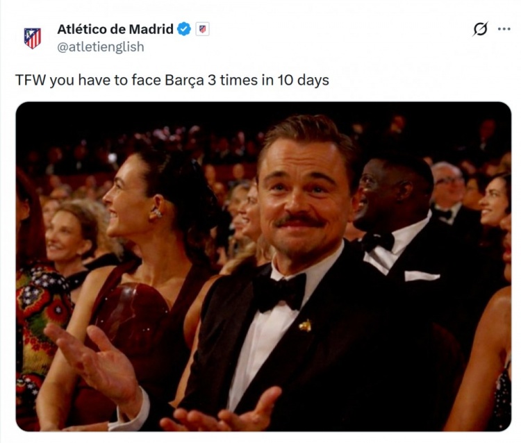 马竞晒莱昂纳多一脸无奈照片，调侃配文：10天3战巴萨的感受