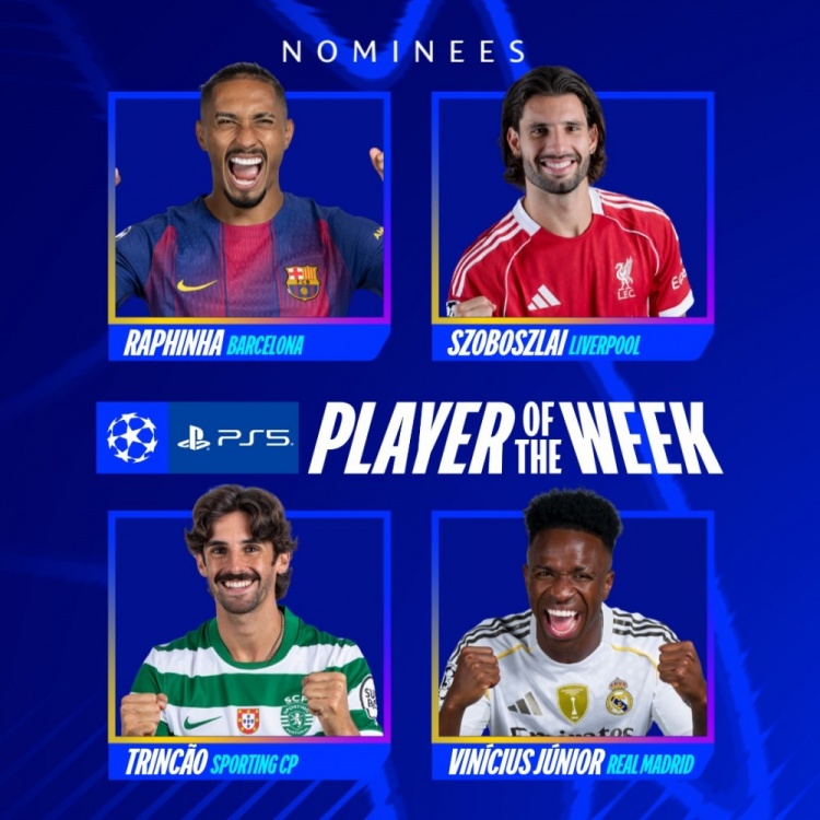 欧冠本周最佳球员候选：拉菲尼亚、索博、维尼修斯、特林康