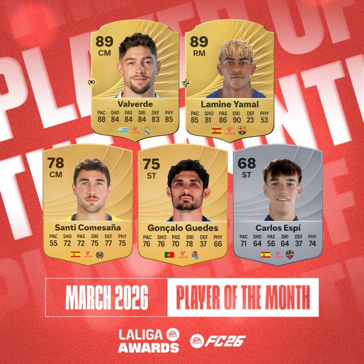 西甲3月最佳球员候选：巴尔韦德、亚马尔、贡萨洛·格德斯在列