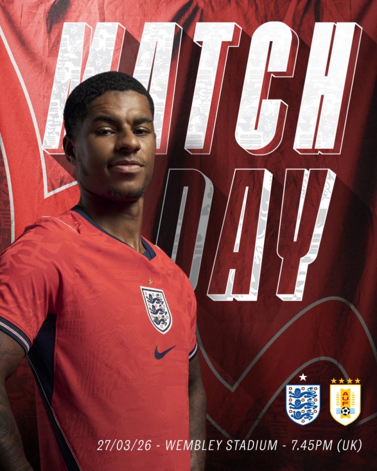 英格兰队发布对阵乌拉圭友谊赛海报,拉什福德单人出镜