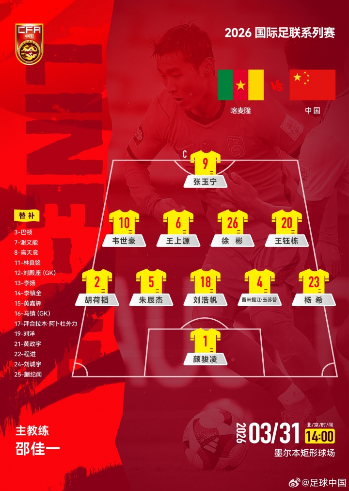 国足vs喀麦隆官方阵型:变阵541!3中卫吾米提江、朱辰杰、刘浩帆