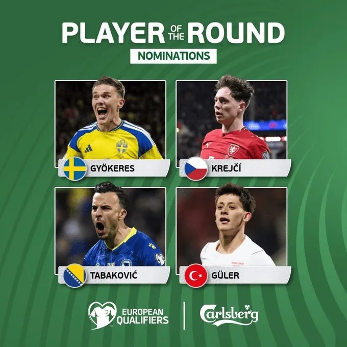 欧洲世预赛附加赛决赛最佳球员候选:居莱尔、约克雷斯在列