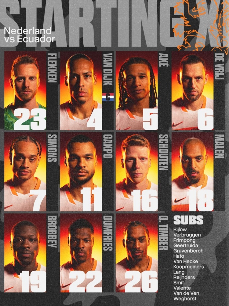 荷兰首发：范戴克领衔，加克波 西蒙斯 邓弗里斯出战